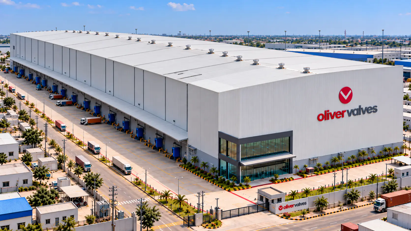 Aerial view of a large white warehouse with loading docks