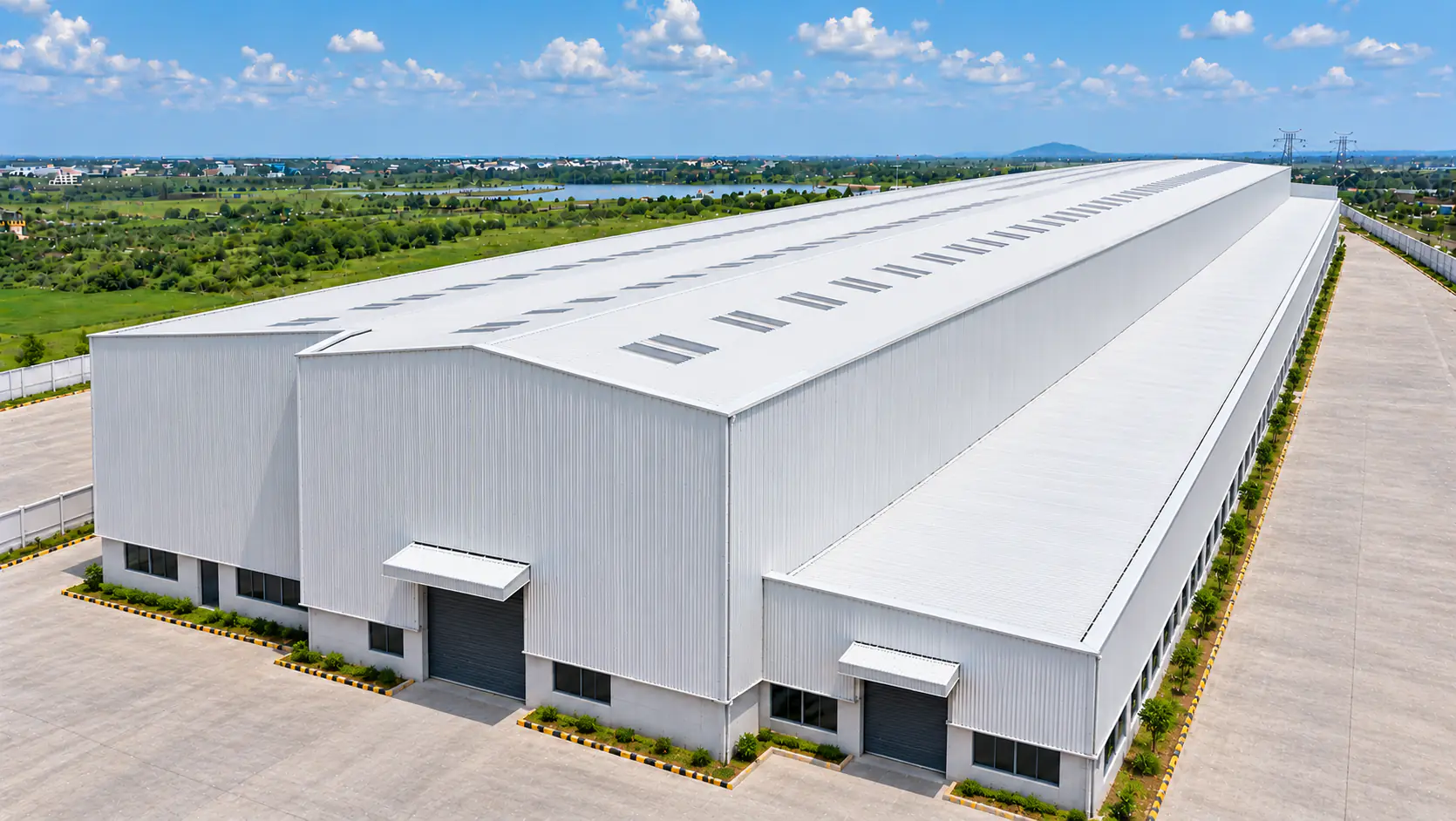 Aerial view of a white PEB industrial warehouse