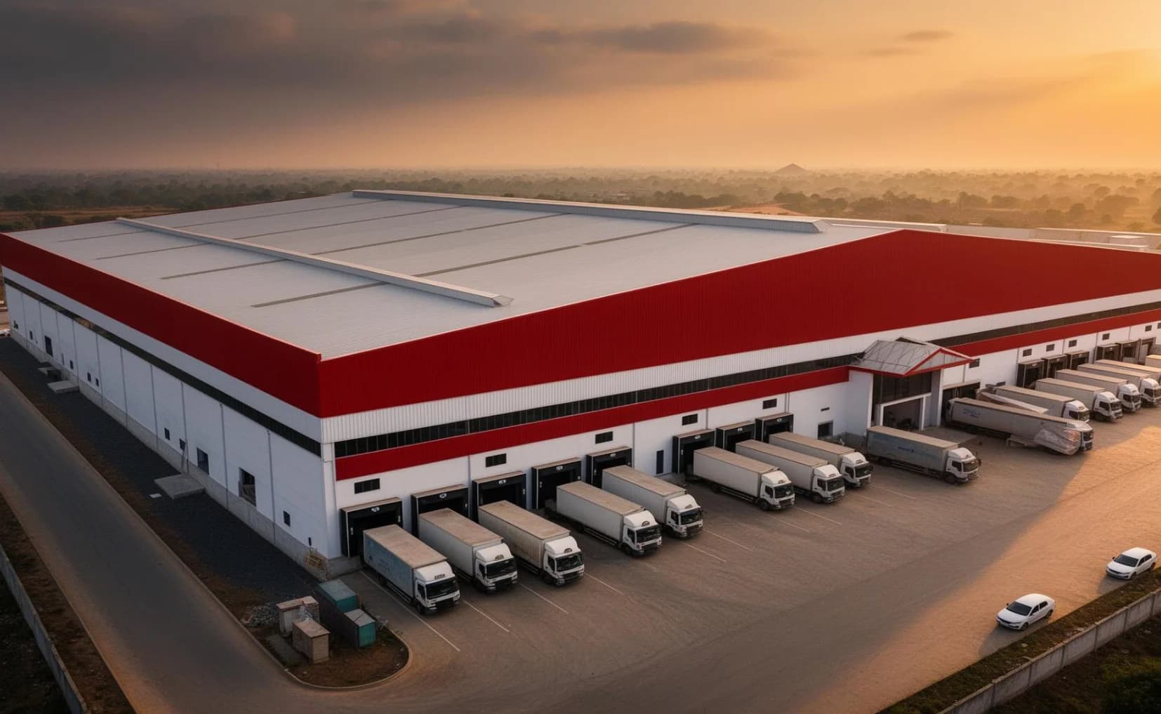 Aerial view of a red and white PEB warehouse at sunset