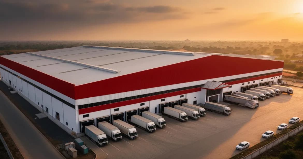 Aerial view of a red and white PEB warehouse at sunset